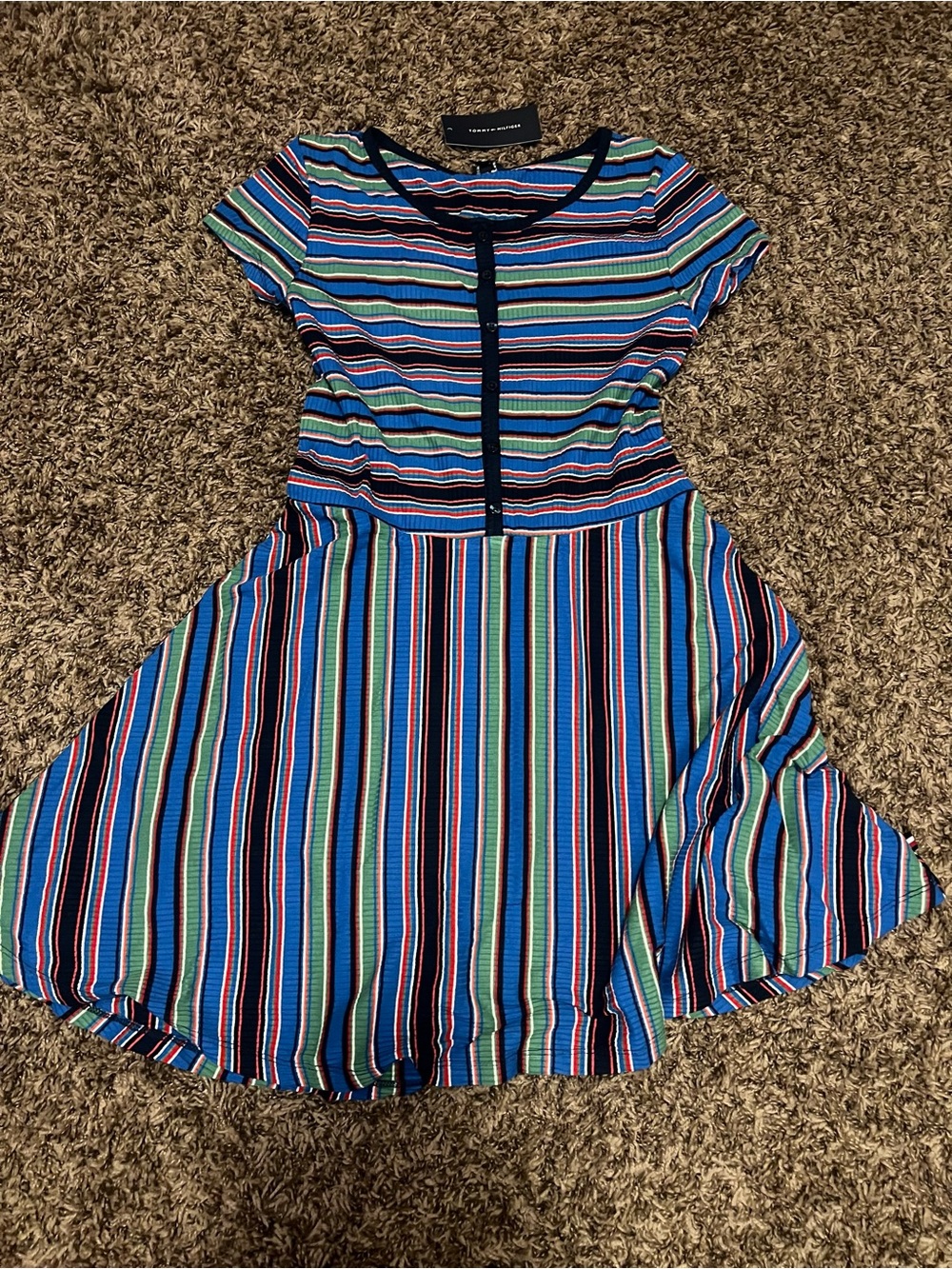 Tommy Hilfiger Blue Multi-Stripe Short Sleeve Skater Dress